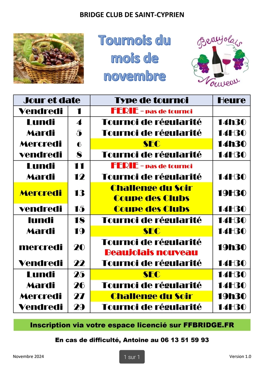 Tournois du mois de novembre 