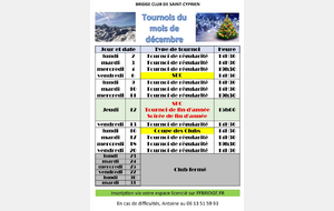 Calendrier des tournois du mois de décembre 