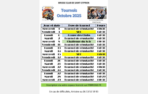 Calendrier des tournois du mois d'octobre